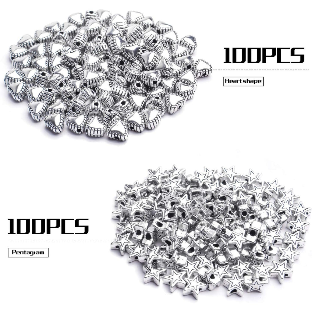 200pcs Alloy Antique Silver Star Heart Spacer Beads for DIY Handmade Charms Bracelets Necklace Accessories Jewelry Crafts Making