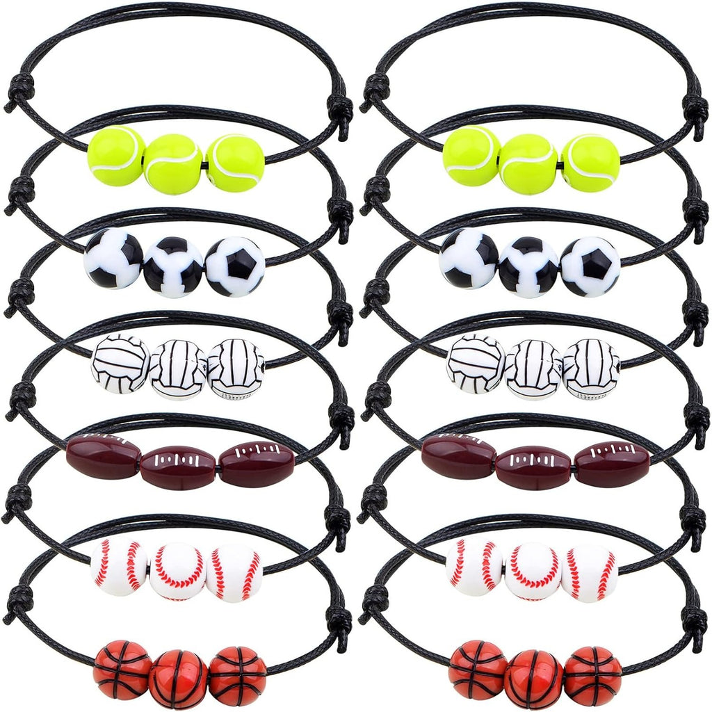 12pcs Adjustable Sport Theme Ball Charm Bracelets Soccer Basketball Baseball Volleyball Tennis Rugby Bracelet Wristbands Friendship for Teens Students Sport Team Players, 6 Styles