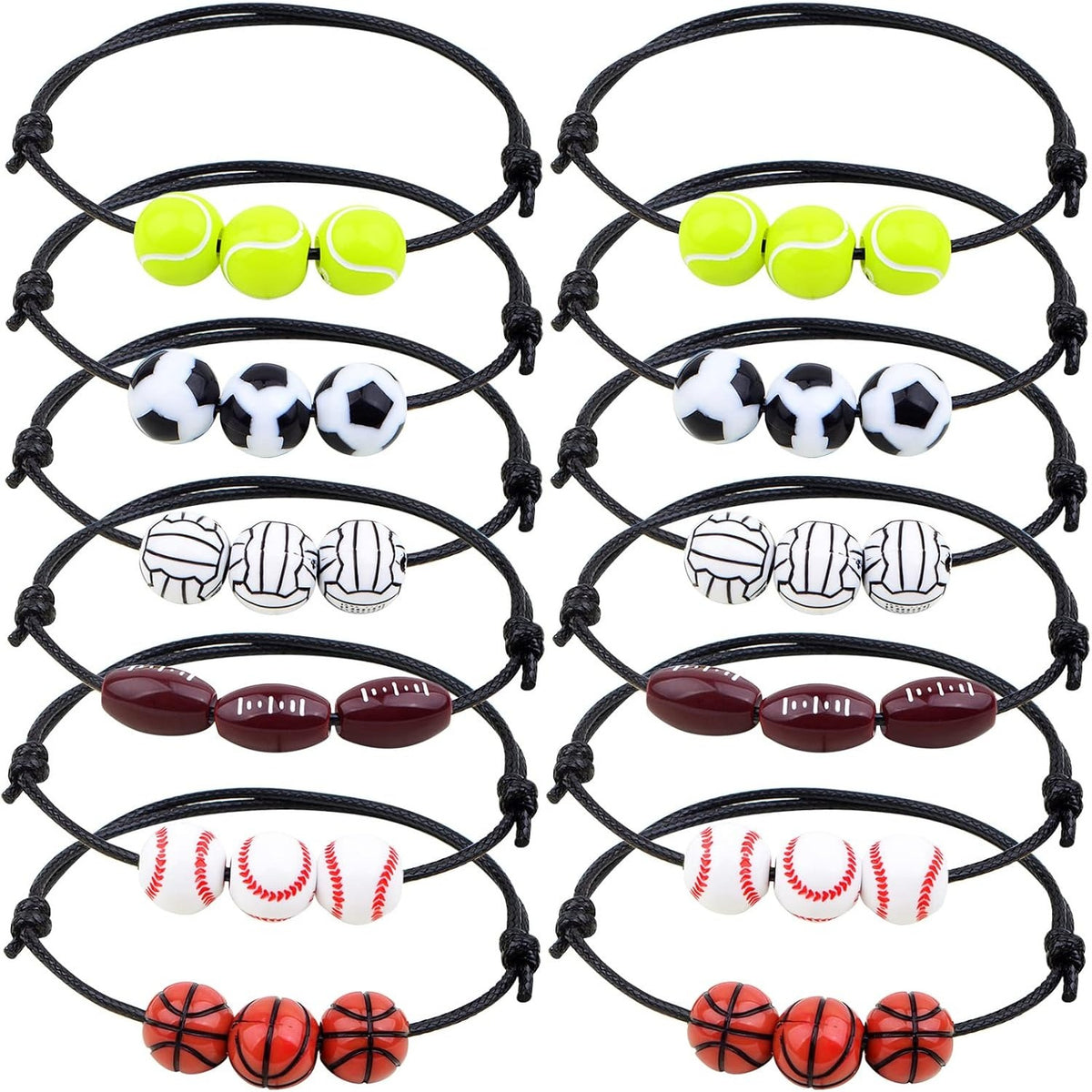12pcs Adjustable Sport Theme Ball Charm Bracelets Soccer Basketball Baseball Volleyball Tennis Rugby Bracelet Wristbands Friendship for Teens Students Sport Team Players, 6 Styles