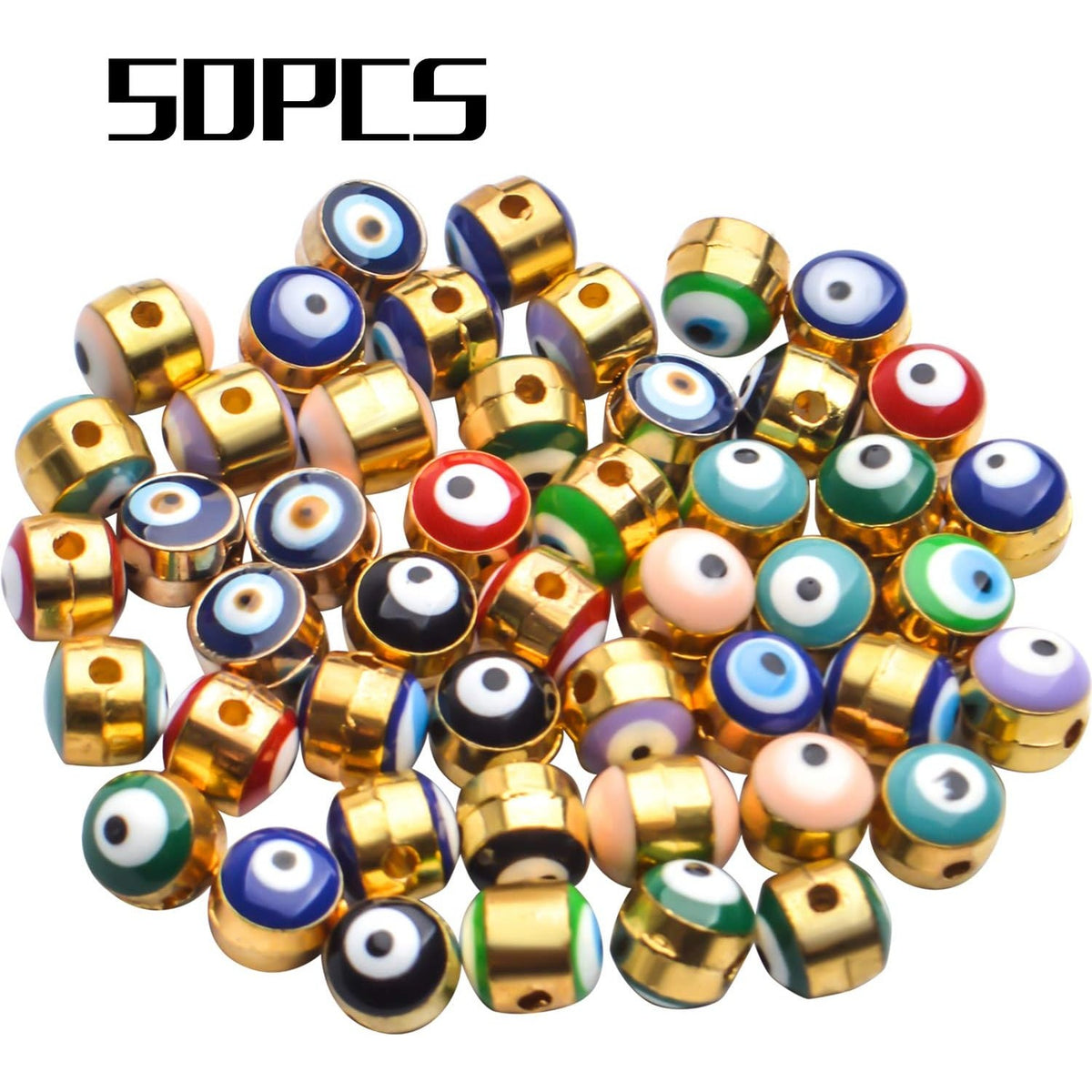 50pcs Enamel Evil Eye Beads Assorted Colors Round Golden Evil Eye Loose Charm Spacer Beads for DIY Necklace Bracelet Crafts Jewelry Making