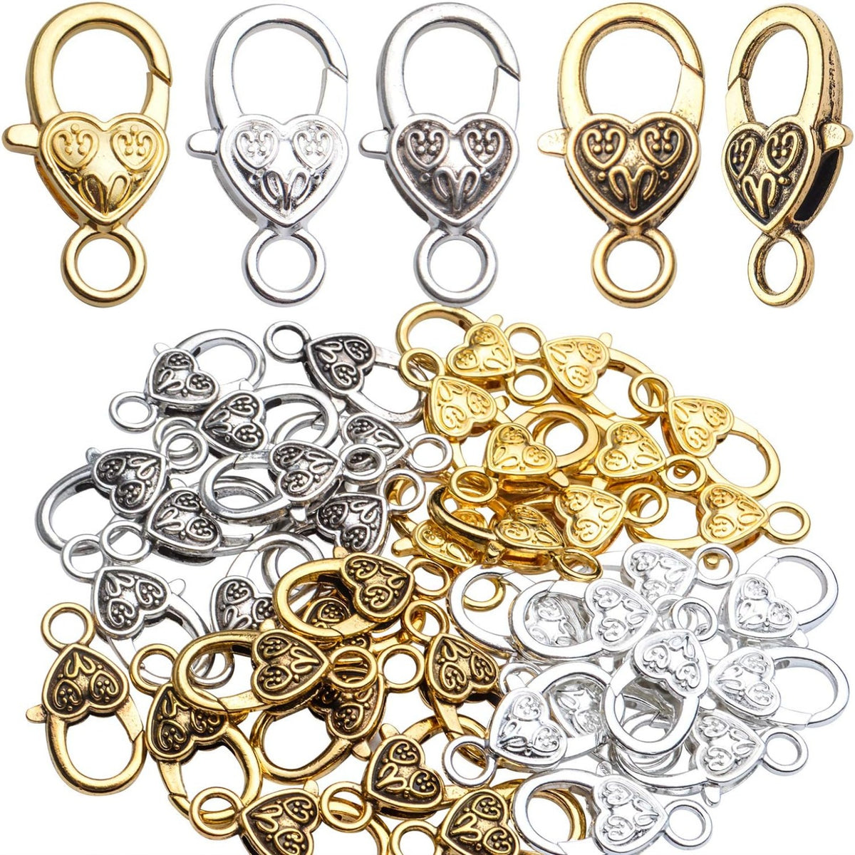 Tibetan Alloy Lobster Claw Clasps, 40pcs - Vintage Antique Heart Shaped Hooks for Jewelry Making, 4 Colors, 26x14mm