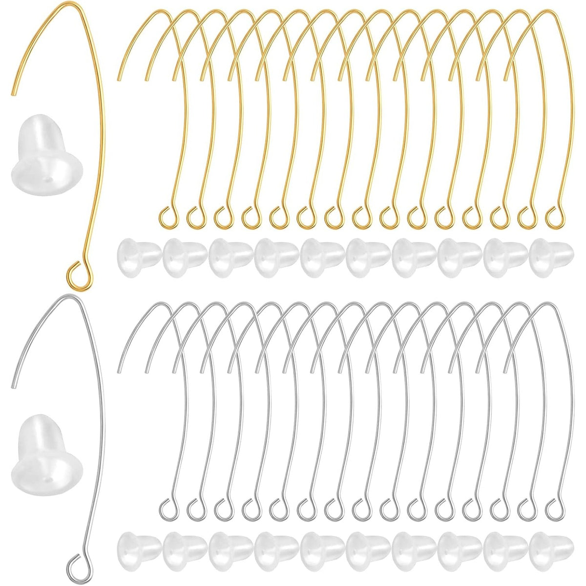 60pcs 2 Colors V Shape Earring Hooks Metal Ear Wires Drop Earring Hooks Components and 60pcs Clear Bullet Earring Backs for DIY Dangle Jewelry Making Findings