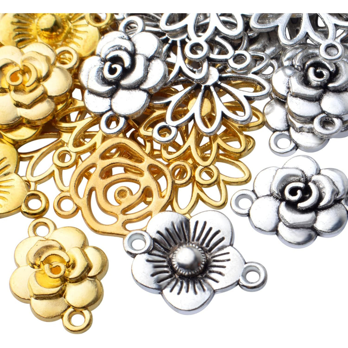 50pcs Flower Jewelry Connectors - Alloy Pendants, 5 Styles for DIY Necklace & Bracelet Making