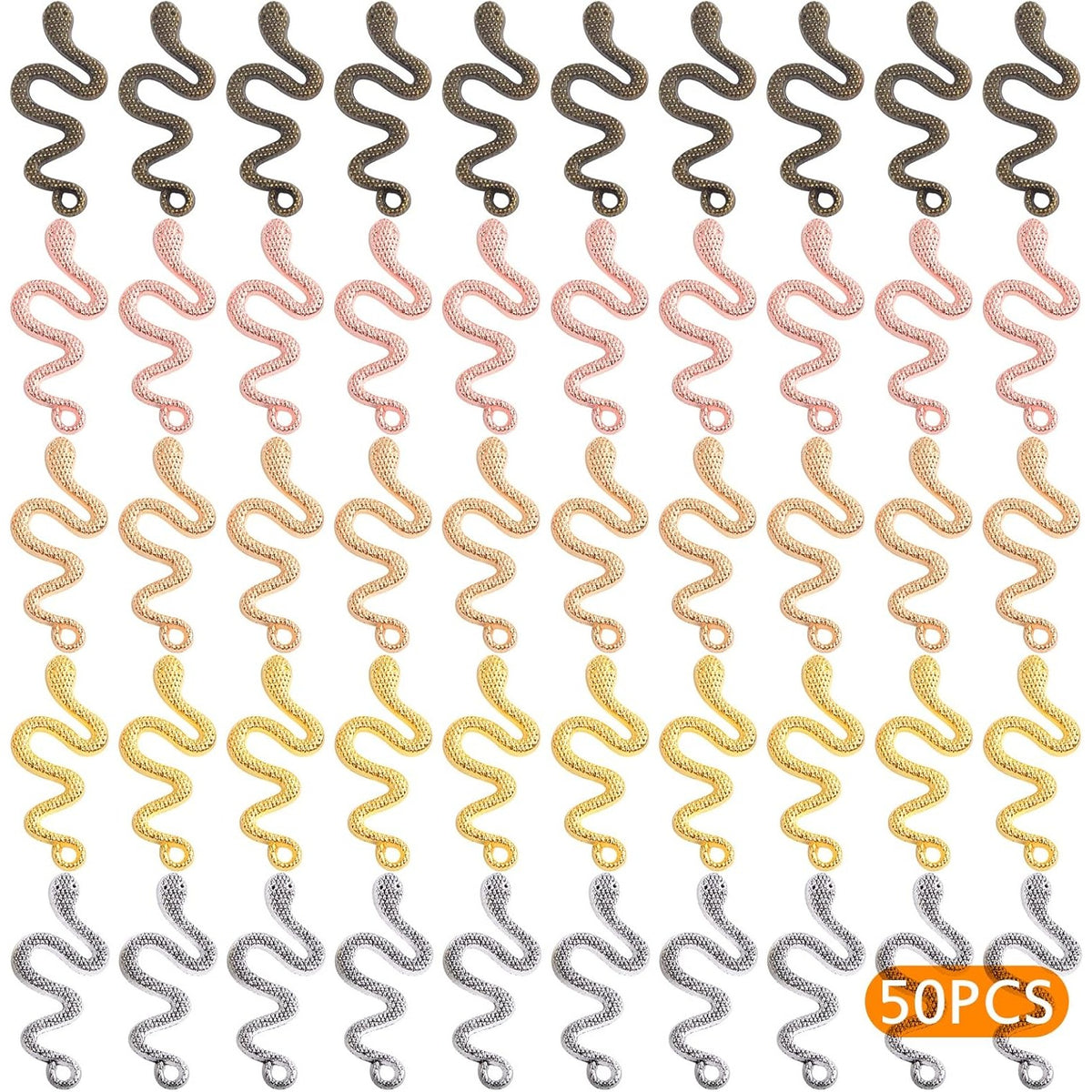 50pcs 5 Colors Animal Snake Pendant Charms Vintage Alloy Snake Shaped Dangle Pendants Craft Supplies for DIY Necklace Bracelet Jewelry Making Decoration