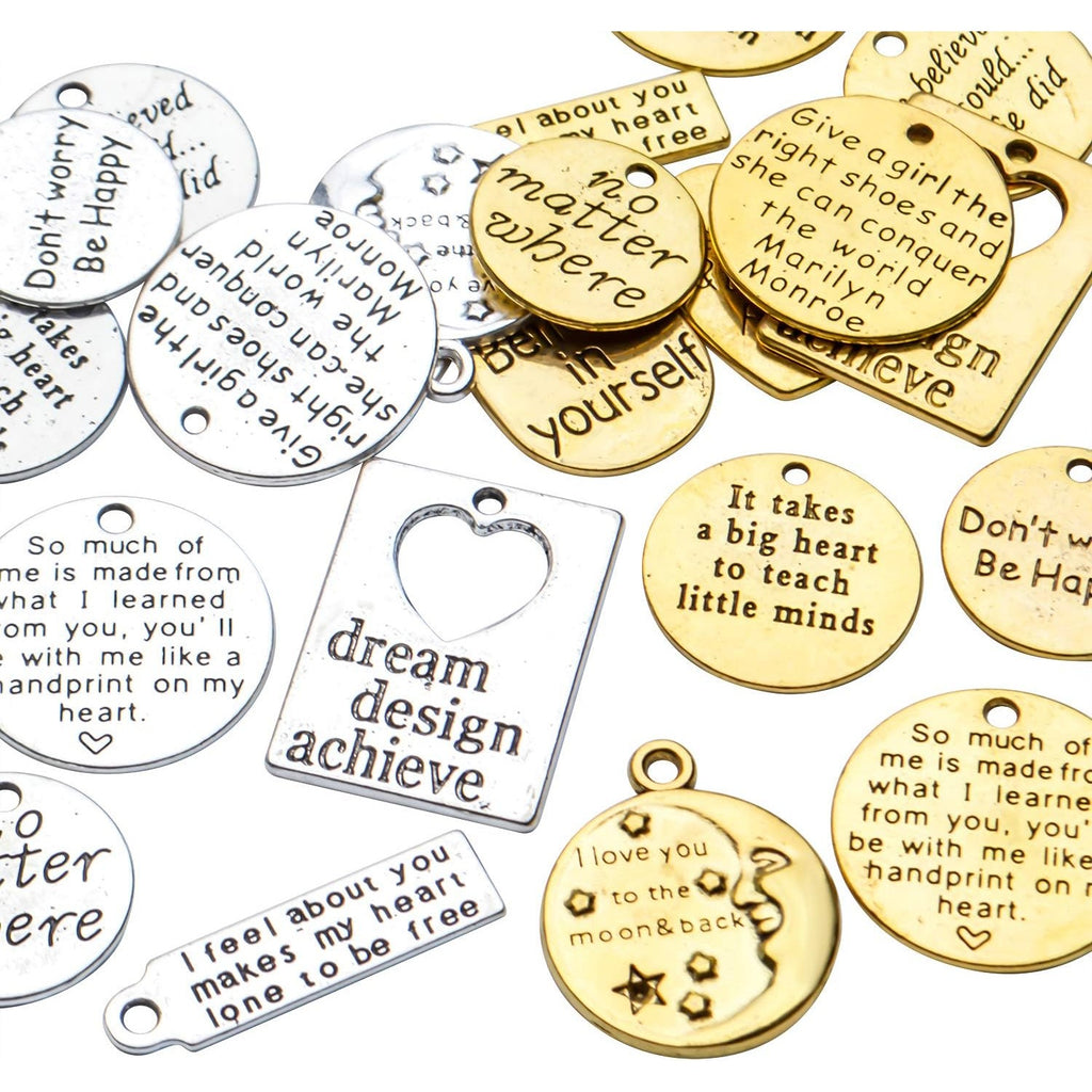 24pcs Inspirational Words Charms Engraved Motivational Charms Pendants Mixed Inspirational Message Pendants Jewelry Craft Supplies for DIY Jewelry Making