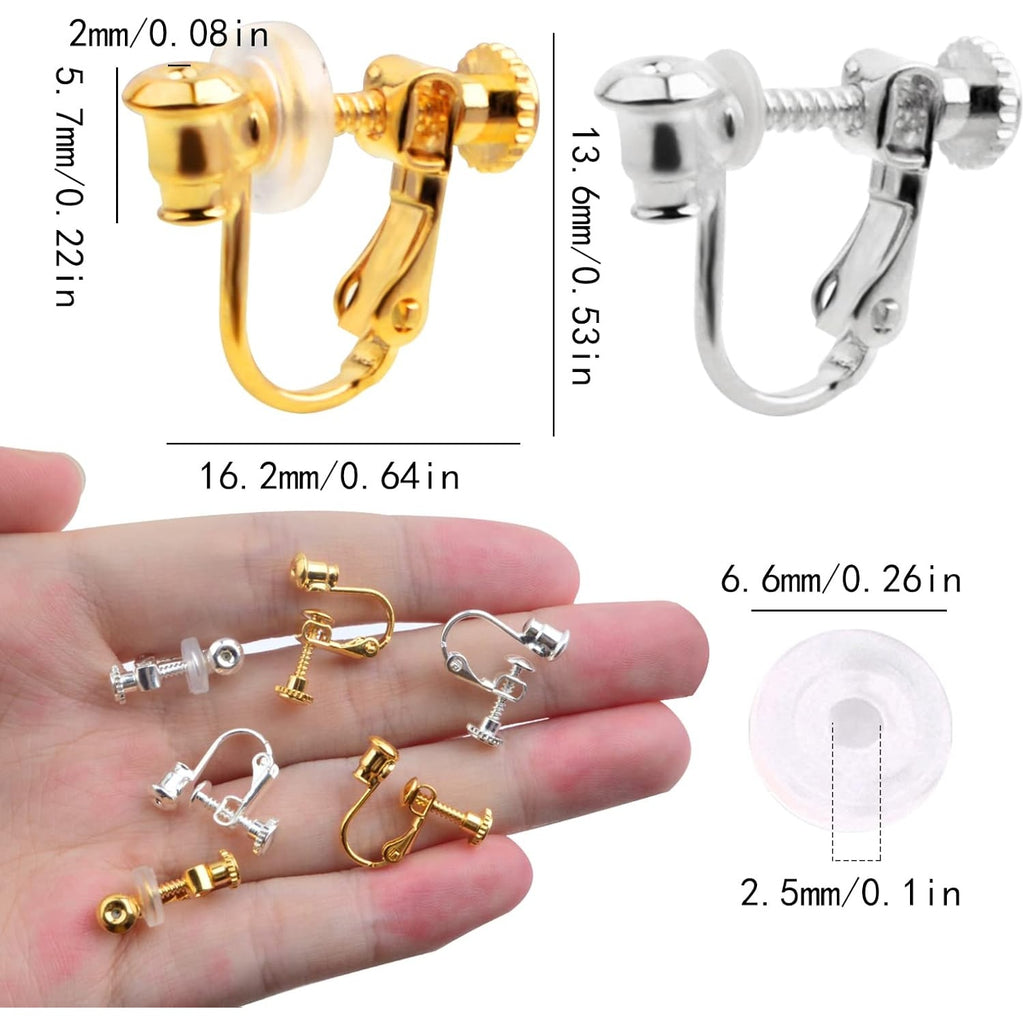 12pcs 2 Colors Screw Earring Clips Converters Brass U Shaped Adjustable Earring Components and 12pcs Clear Comfort Earring Cushions for Non-Pierced Ears DIY Jewelry Making