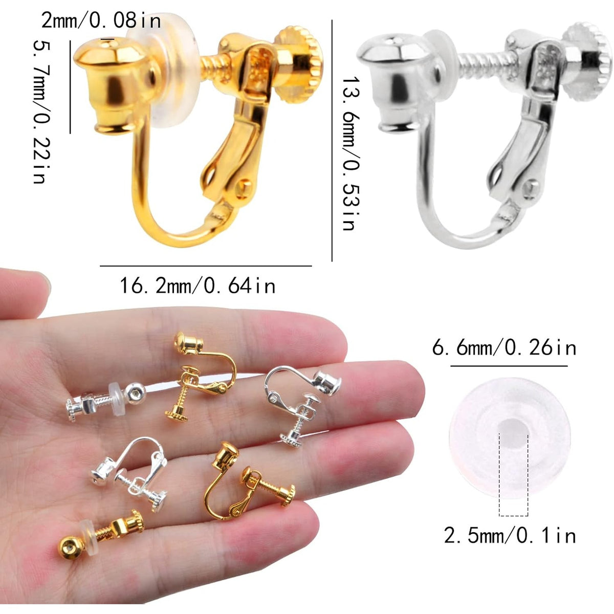 12pcs 2 Colors Screw Earring Clips Converters Brass U Shaped Adjustable Earring Components and 12pcs Clear Comfort Earring Cushions for Non-Pierced Ears DIY Jewelry Making