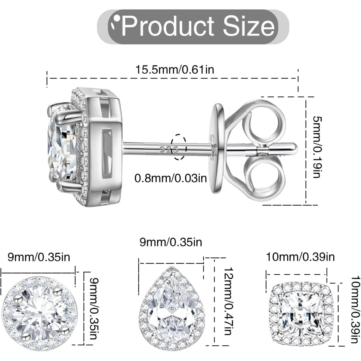 3 Pairs CZ Halo Stud Earrings Sterling Silver Plated Round Square Teardrop Cubic Zirconia Diamond Earring Posts for Women Men Sensitive Ears Anniversary Wedding Party Gift