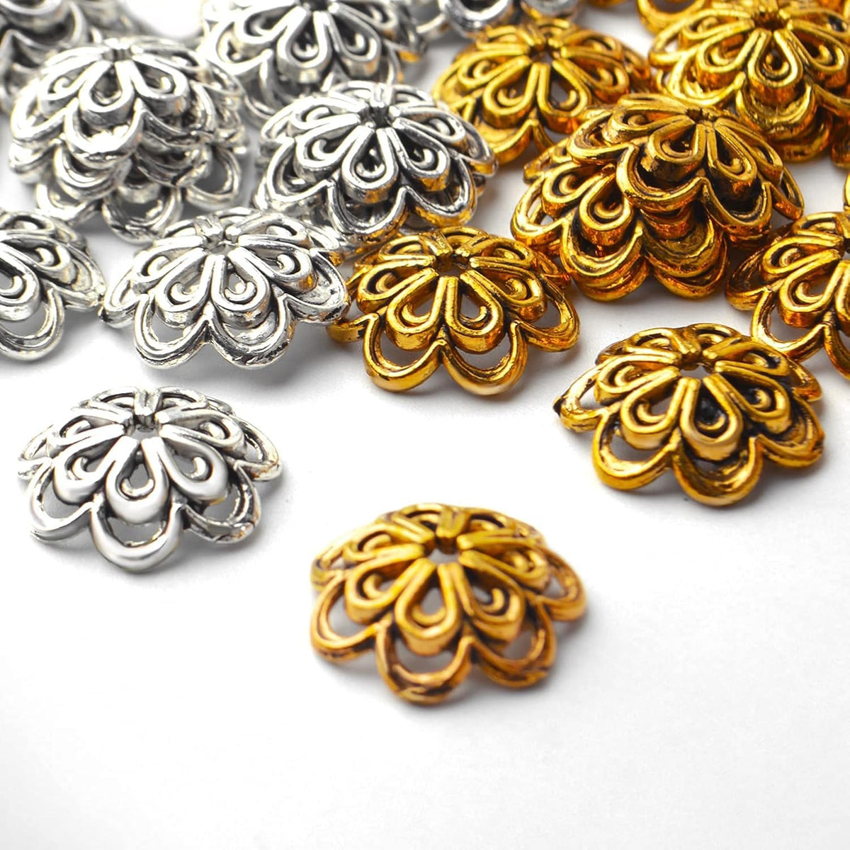 100pcs Flower Shape Alloy Filigree Hollow Bead End Caps, Jewelry Spacers Caps for Bracelet, Earrings, Crafts Making Supplies