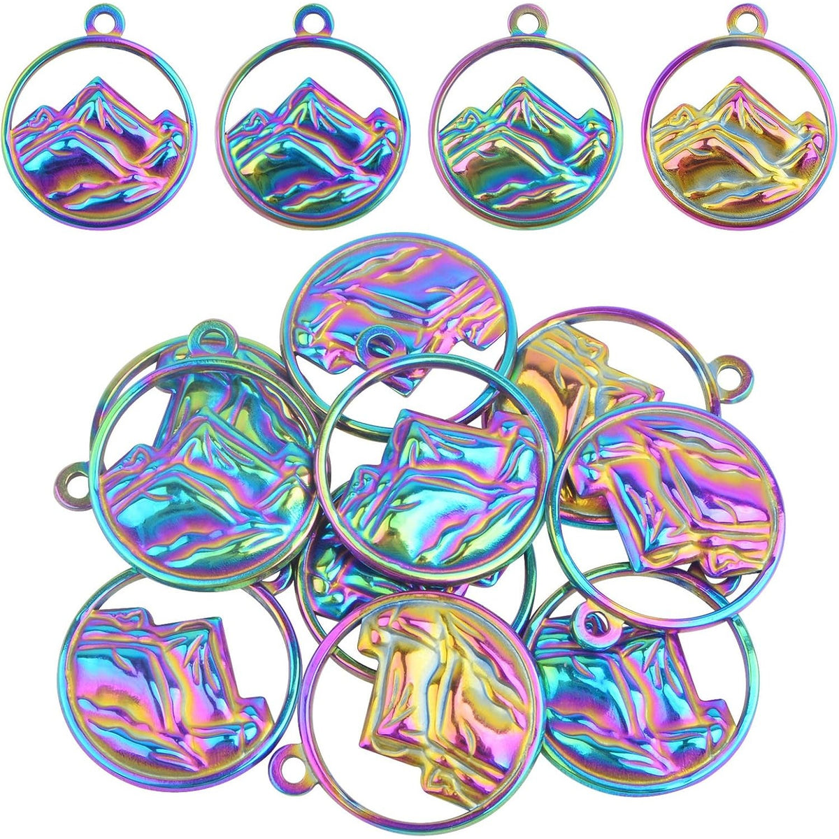 10pcs Stainless Steel Flat Round Mountain Range Charms Hypoallergenic Hollow Sea Mountain Dangle Pendants for DIY Necklace Bracelet Crafts Jewelry Making, Rainbow Color
