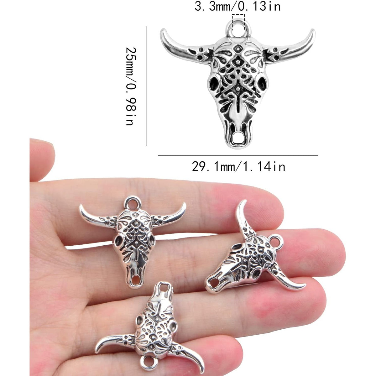 50pcs Antique Silver Hollow Cow Skull Charms Vintage Alloy Western Animal Pendant Cattle Head Dangle Charms for DIY Necklace Bracelet Keychains Jewelry Craft Making