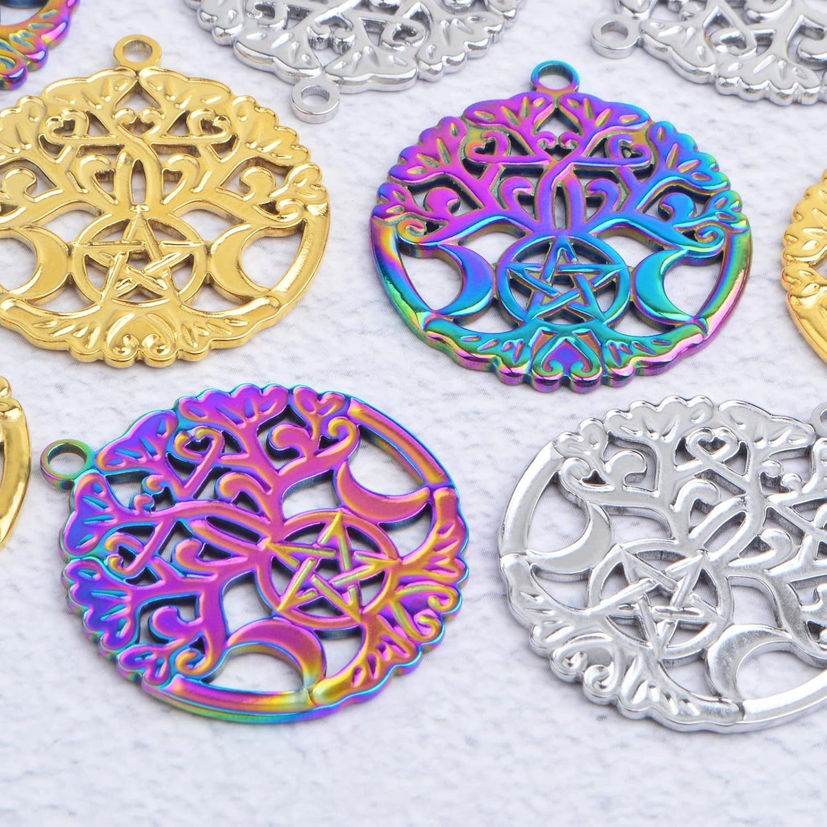 9pcs Hollow Crescent Moon and Star Charms Triple Moon Goddess Pendants Celestial Pentagram Moon Flower Dangle Pendants for DIY Necklace Earrings Jewelry Making Decor, 3 Colors