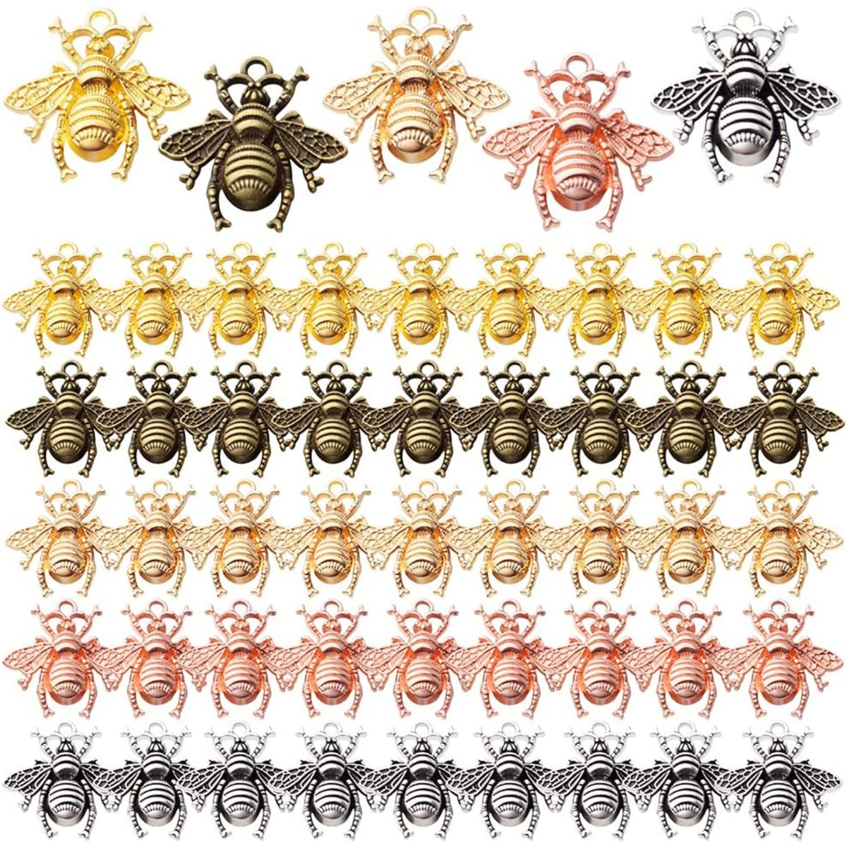 50pcs Alloy Bee Charms Honeybee Charm Pendants Insect Pendant for DIY Jewelry Craft Making Accessory,21mm×20mm,5 Colors