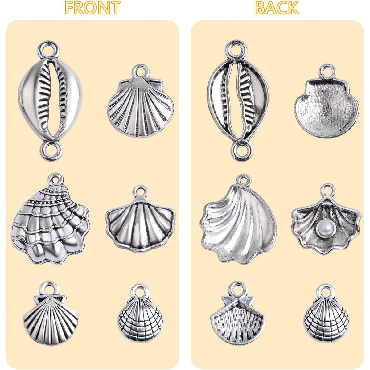 60pcs Antique Silver Sea Shell Charms Vintage Alloy Seashell Shape Ocean Life Dangle Pendants Craft Supplies for DIY Jewelry Making Birthday Party Gifts, 6 Styles