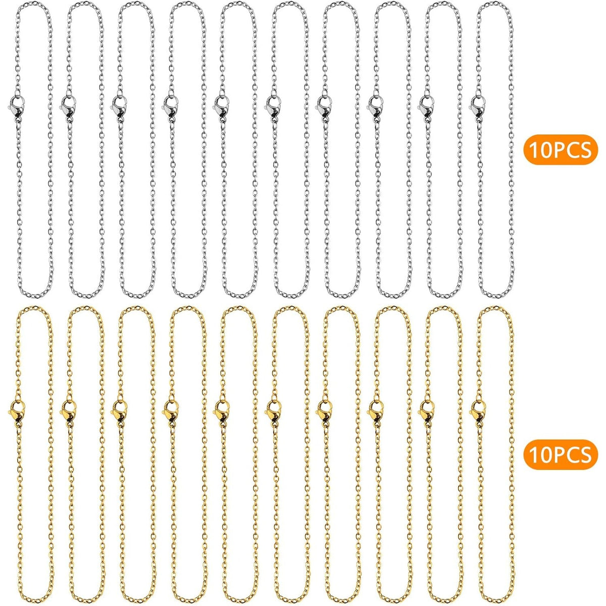 20pcs 450 mm Stainless Steel Necklace Chains Long Link Cable Chain Charms with Lobster Clasp 2 mm Thin Rope Chains for Women Men DIY Jewelry Making Projects, 2 Colors
