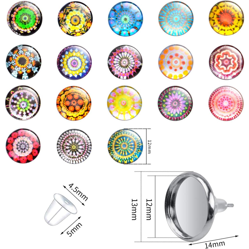Printed Glass Cabochons, 50pcs 18 Styles Kaleidoscope Pattern Flatback Glass Dome Cabochons Gems (12mm) with 10pcs Silver Stud Earring Blanks and 10pcs Clear Earring Backs for Jewelry Making