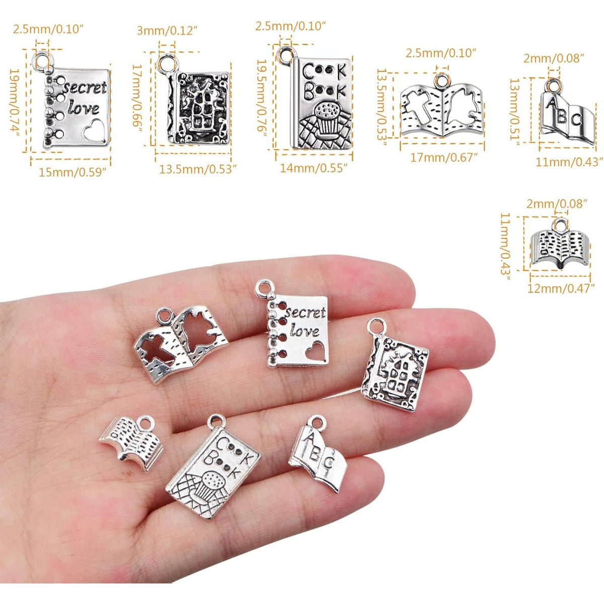 60 Pieces Small Book Charms Metal Notebook Diary Pendants Charm for Bracelet DIY Necklace Keychain Jewelry Making, 6 Styles,Antique Silver