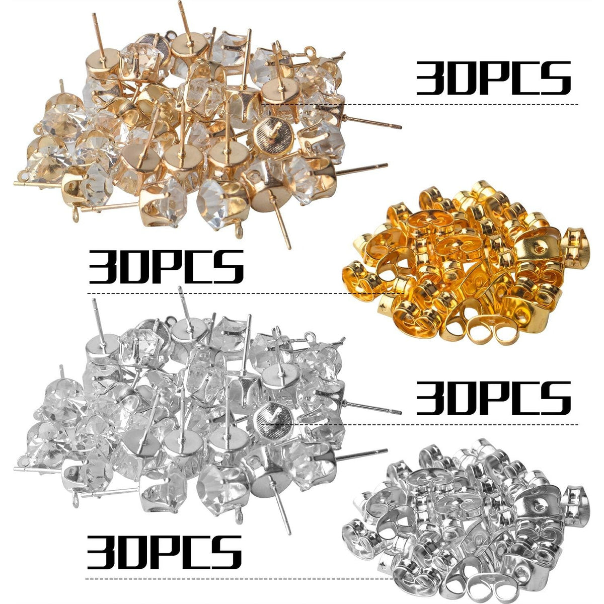 60pcs Rhinestone Earring Posts Hypoallergenic Ear Studs with Loop and 60pcs Butterfly Earring Backs Earring Stoppers for DIY Earring Jewelry Findings Accessories