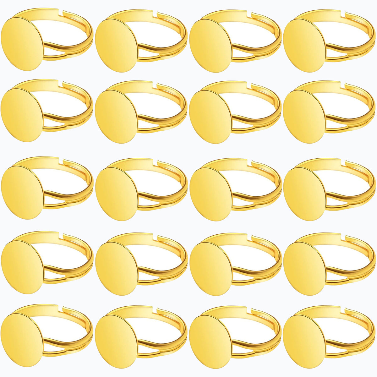 20 Pieces Metal Blank Rings Adjustable Finger Ring Flat 12mm Round Ring Base Blanks Jewelry Findings Components for Rings Making DIY Crafts, Golden, Silver