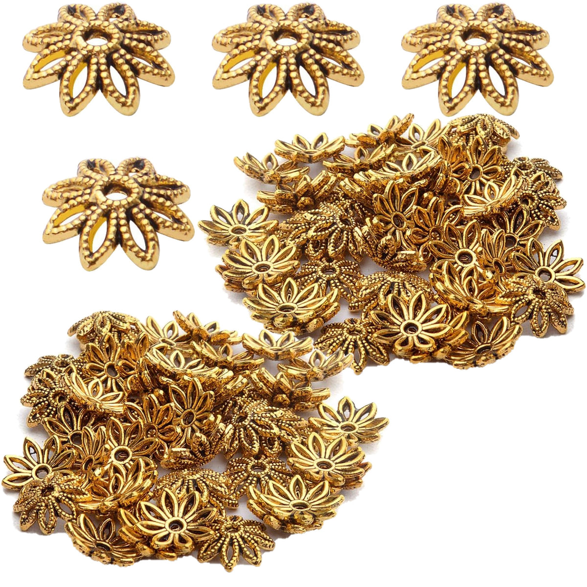 100pcs 10mm Flower Bead End Caps Tibetan Alloy Filigree Flower Caps Hollow Bead Caps Jewelry Spacer Caps for Bracelet Necklace Earring Jewelry Crafts Making