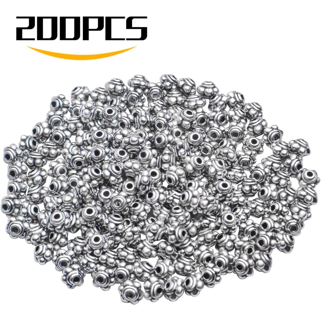 200pcs Antiqued Silver Spacer Beads Tibetan Round Spacer Bead Charms Jewelry Spacers for Bracelet Necklace Crafts Supplies,5×4mm