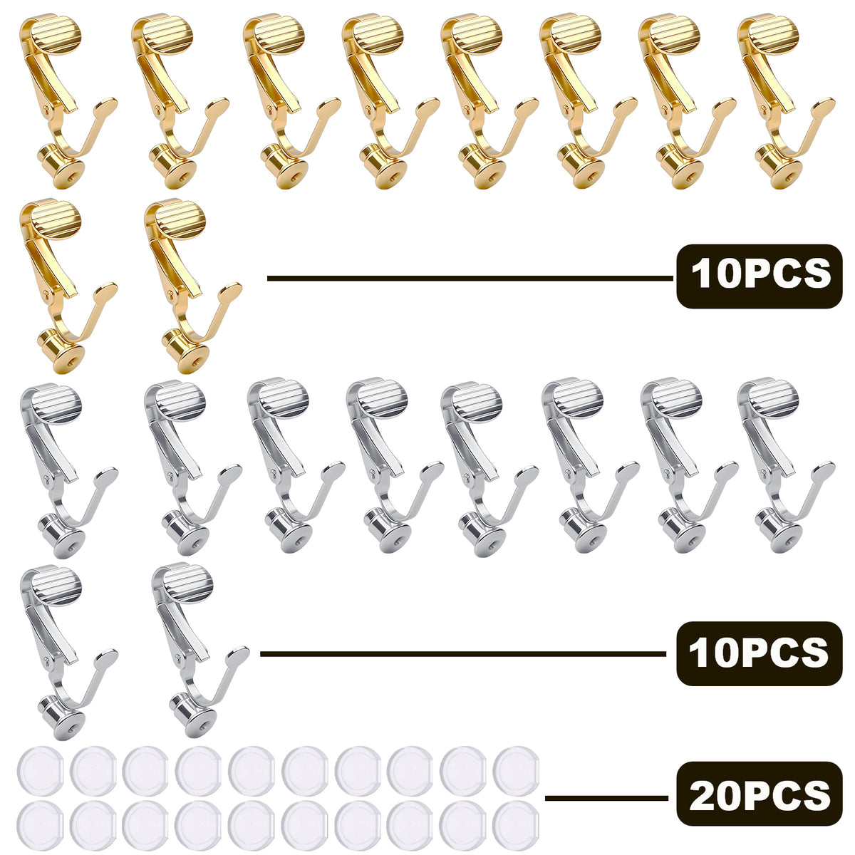 20 Pieces Earring Clip Backs Clip-on Earring Converter Components Findings with Post for None Pierced Ears, Silver and Gold