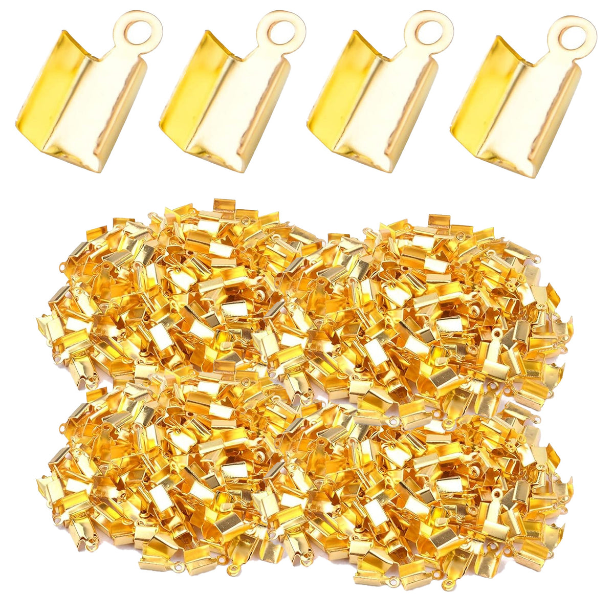 600pcs 3 Sizes Gold Plated Fold Over Cord Ends Metal Fold-Over Crimp End Caps Leather Ribbon Ending Terminators Clamp End Tips Jewelry Connector for Jewelry Making Accessories