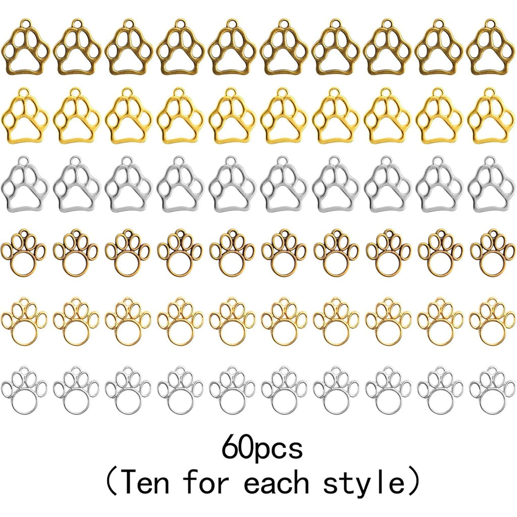 60pcs 2 Styles Animal Paw Print Pendant Charms Tibetan Alloy Bear Footprint Cat Paw Charms Craft Accessories for DIY Bracelet Earrings Jewelry Making Findings, 3 Colors