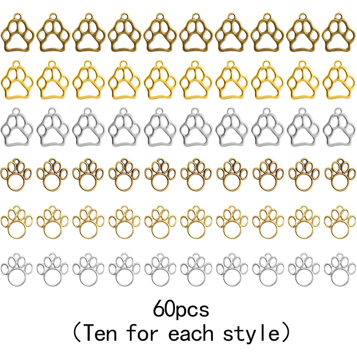 60pcs 2 Styles Animal Paw Print Pendant Charms Tibetan Alloy Bear Footprint Cat Paw Charms Craft Accessories for DIY Bracelet Earrings Jewelry Making Findings, 3 Colors