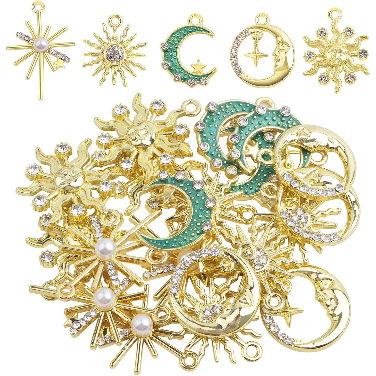 20pcs KC Golden Plated Enamel Crescent Moon Star Charms with Rhinestone Alloy Crystal Celestial Moon Dangle Pendants for DIY Necklaces Earrings Jewelry Making Decor, 5 Styles