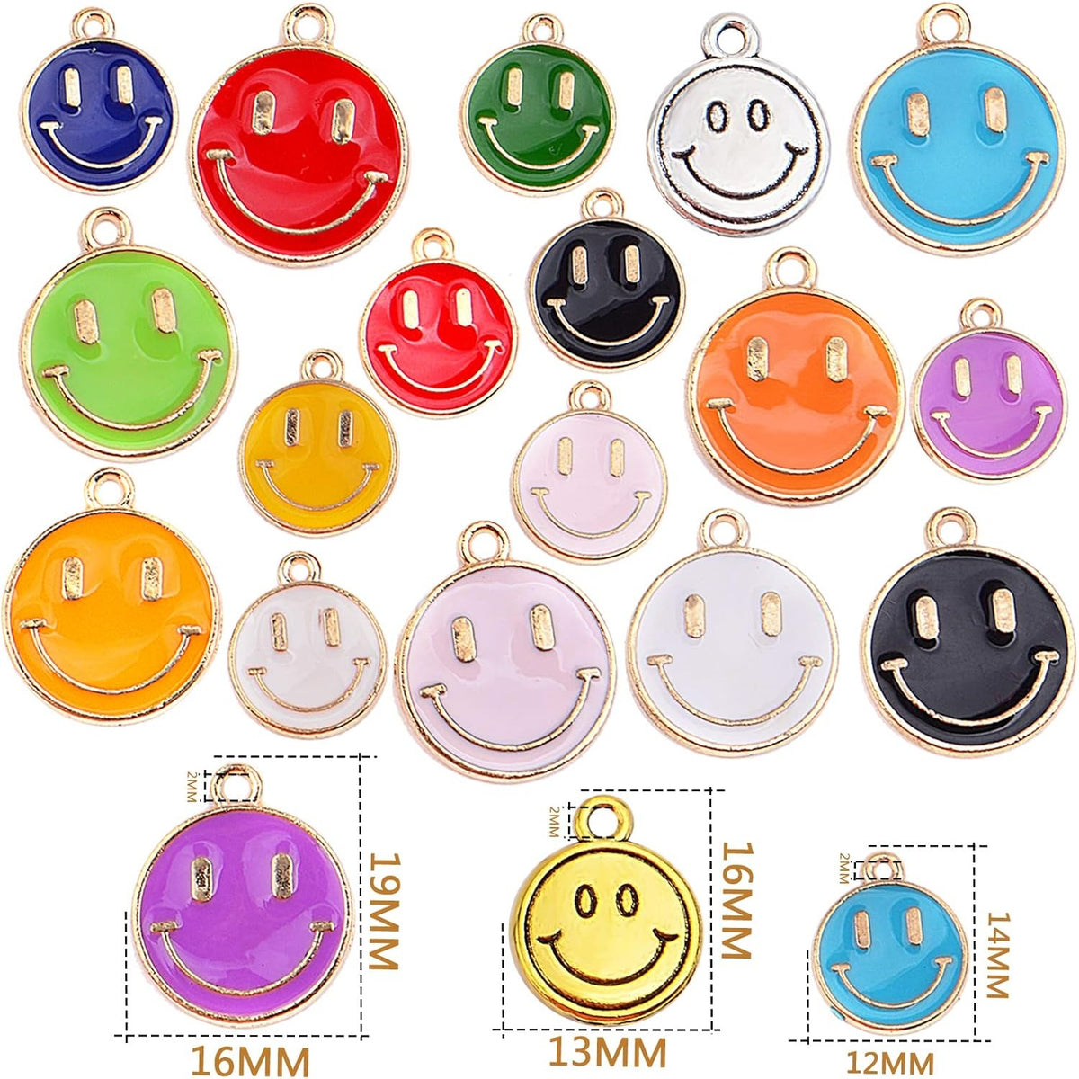 60pcs Golden Plated Colorful Enamel Smiley Face Charms Antique Alloy Smiling Happy Face Dangle Pendants Craft Supplies for DIY Jewelry Making Decorative Gifts, 3 Sizes