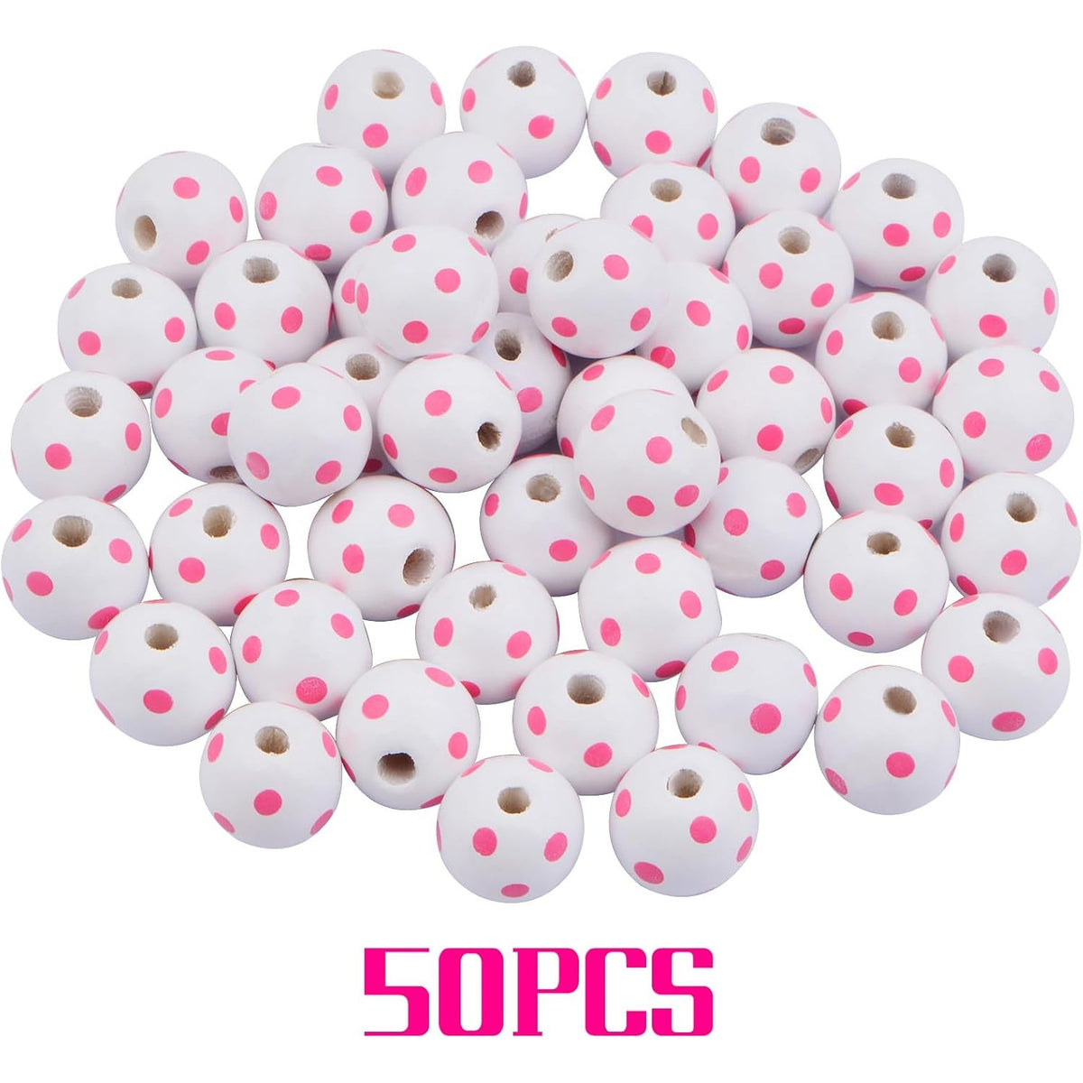 50pcs 16 mm Printed Dots Wood Beads Round Print Wooden Spacer Beads Natural Handmade Polished Valentine's Day Beads for DIY Crafts Jewelry Making Home Party Decoration