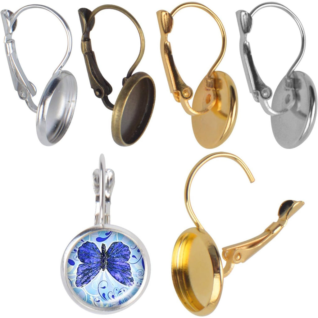 Hook Earring Cabochon Settings, 20 Pieces Lever Back Hook Earrings with Flat Round Tray Blank Cabochon Setting Ear Wires for Earring Designs(12 mm)