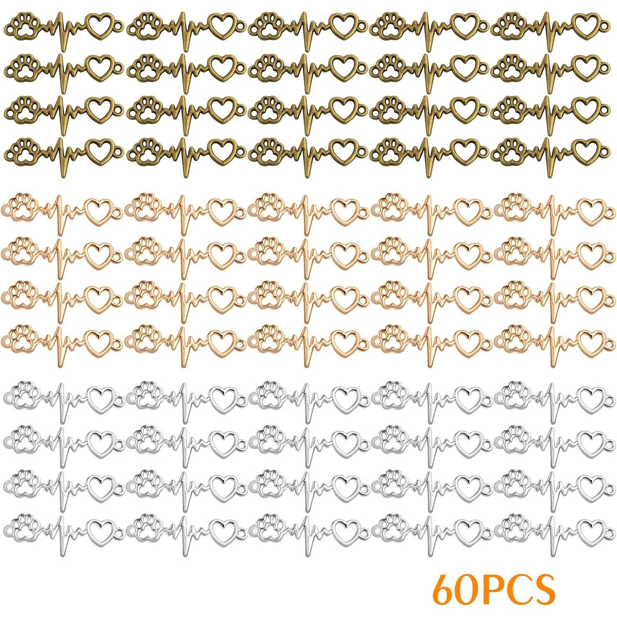60pcs Dog Paw Print Heart Beating Charm Connectors Vintage Alloy Animal Footprint Lifeline Pulse Heartbeat Pendant Links for DIY Bracelet Necklace Jewelry Craft Making, 3 Colors