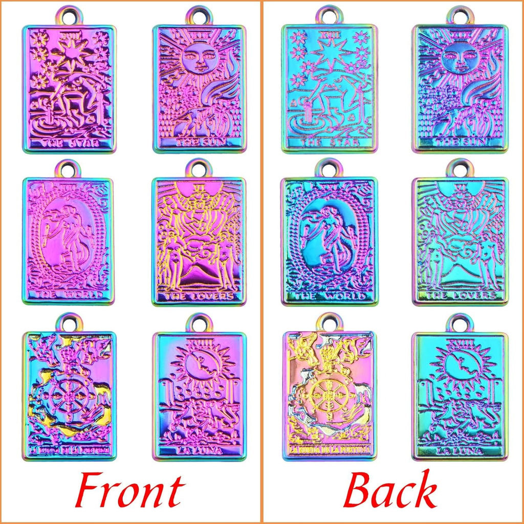 12pcs 6 Styles Tarot Card Charms Rectangle Alloy Tarot Pendants Wheel of Fortune Lovers World Sun Star Charms with a Box for DIY Bracelet Necklace Earrings Jewelry Making, Rainbow Color