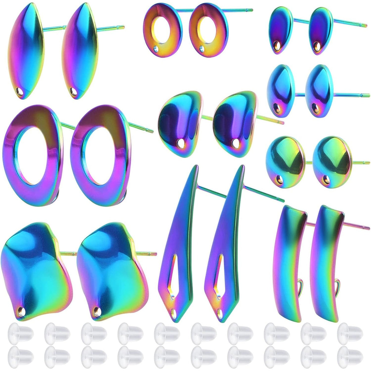 20pcs Stainless Steel Irregular Shapes Stud Earrings Mixed Round Oval Rhombus Heart Earring Posts with Hole and 20pcs Clear Earring Backs for DIY Jewelry Making Supplies, Rainbow Color