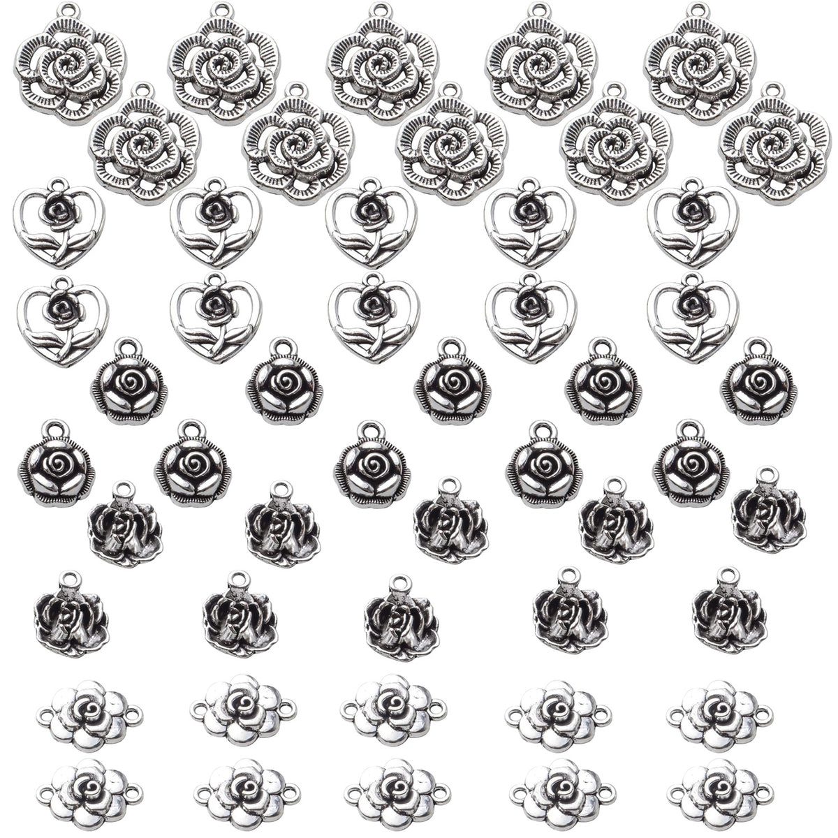 50pcs Rose Charms Pendants Alloy Rose Flower Charms Flower Connector Charms Rose Bead Charms for DIY Earrings Bracelet Necklace Jewelry Crafts Making Finding,5 Styles