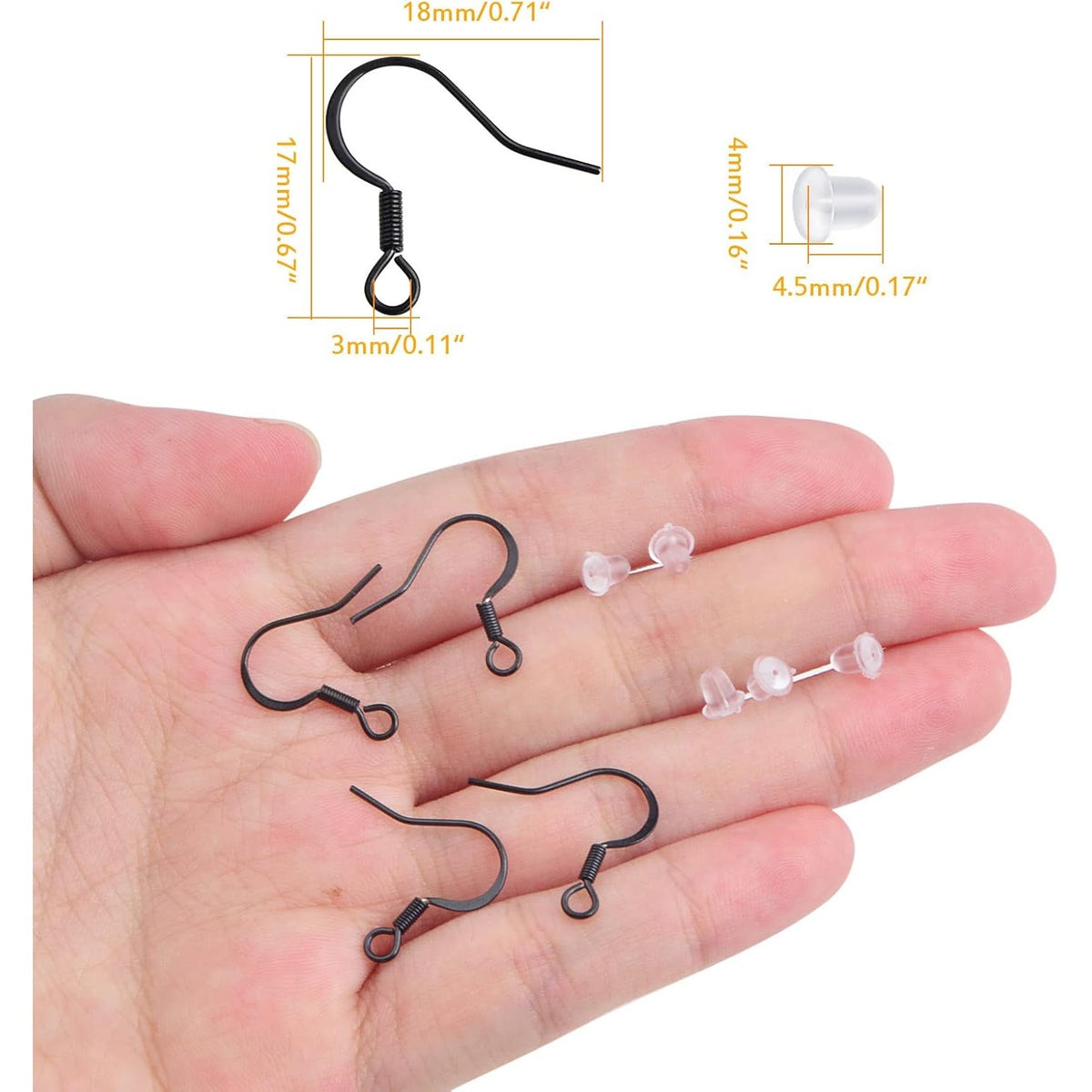 50pcs Black Hypoallergenic Earring Hooks Stainless Steel French Earwire Fish Hooks and 50pcs Clear Silicone Earring Backs for DIY Earrings Jewelry Making Supplies