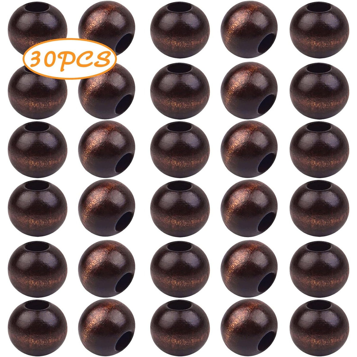 30pcs 25mm Wood Round Beads Natural Wooden Spacer Beads Loose Macrame Beads with 10mm Large Hole for DIY Jewelry Making Handmade Decoration, Black Coffee