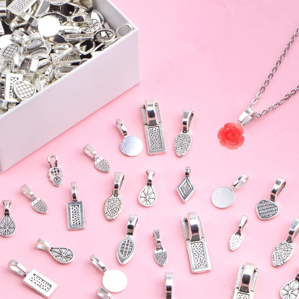 100 Gram Mixed Styles Tibetan Glue-on Bails Pendants Alloy Earring Bails Scrabble Making Supplies Glass Cabochon Tiles for DIY Necklace Bracelet Jewelry Making, Antique Silver