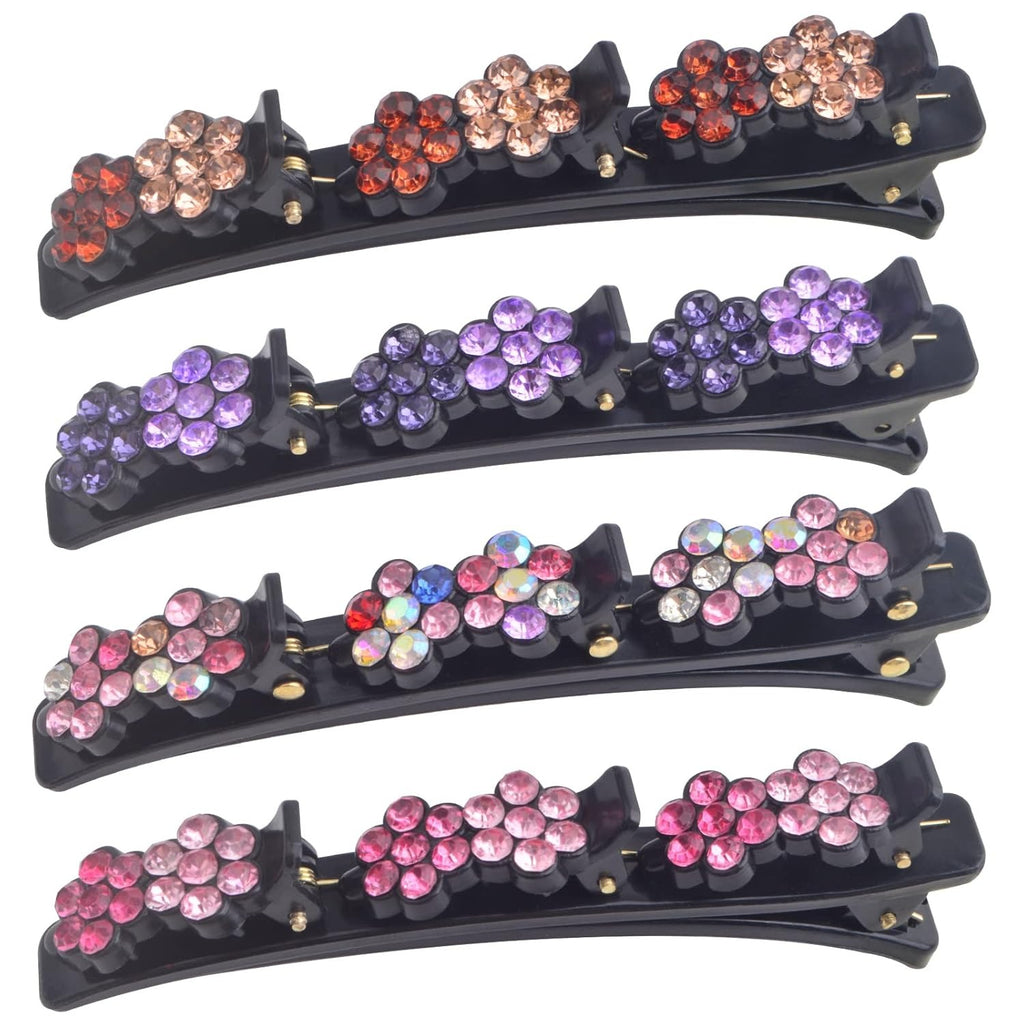 8pcs Sparkling Crystal Stone Braided Hair Clips with Triple Small Clips on Top Double Flower Rsvelte Hair Clip Barrette with Rhinestone for Women Girls Hair Sectioning Styling, 4 Colors