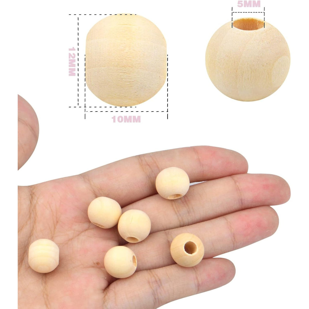 100pcs 12mm Wooden Beads Natural Unfinished Wood Spacer Beads Large Hole Round Loose Beads for Bracelet Pendants Crafts DIY Garland Jewelry Making, Hole: 5 mm