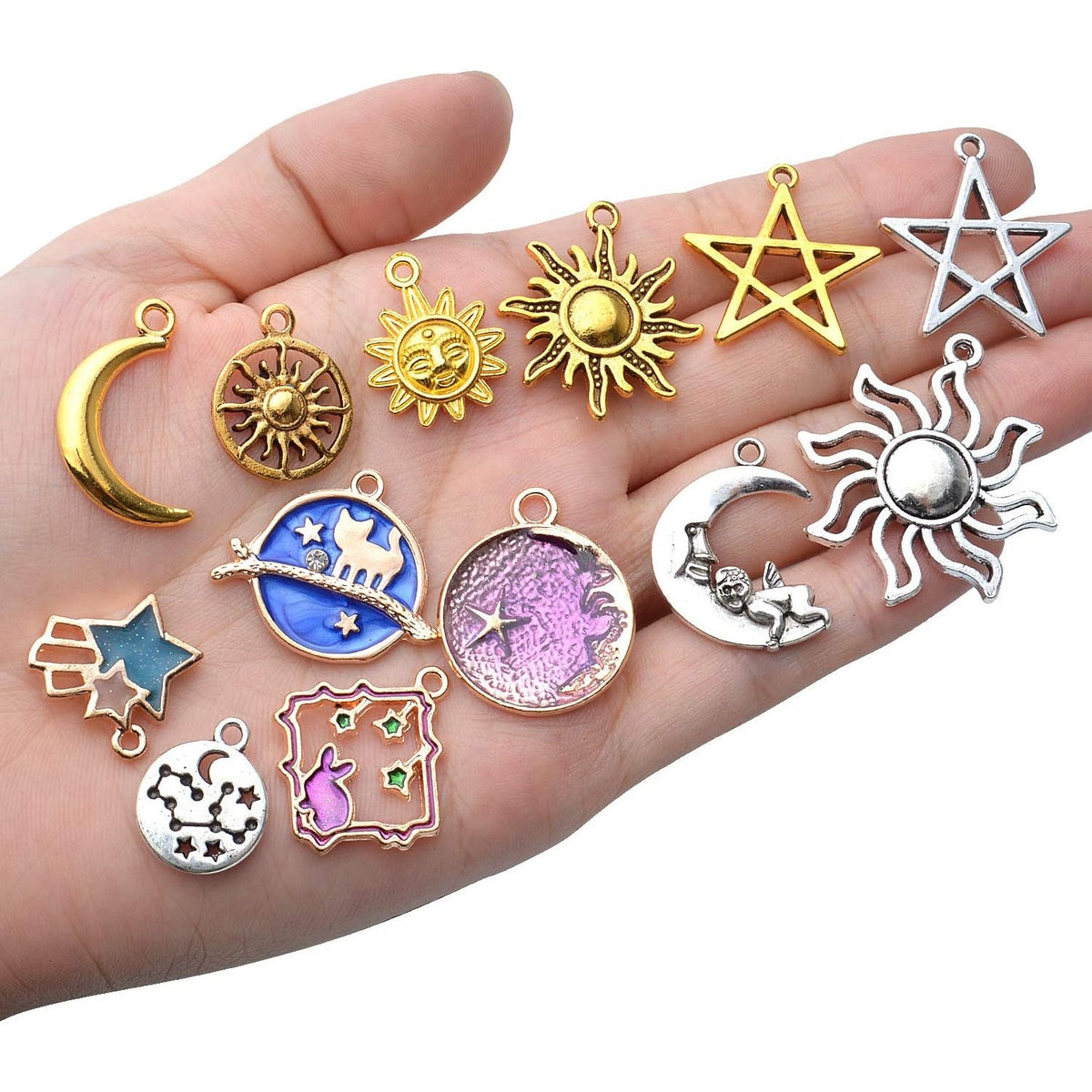 170pcs Jewelry Celestial Charm Pendants, Assorted Gold Plated Enamel Moon Star Charms, Mixed Styles Alloy Sun Moon Star Charms Pendants DIY for Bracelet Necklace Earring Jewelry Making and Crafting