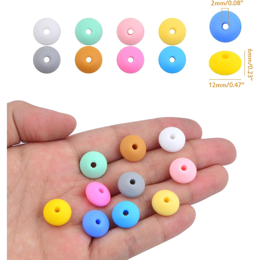 100pcs 12 mm Soft Silicone Abacus Beads Rubber Lentil Shaped Spacer Beads Round Saucer Loose Beads for DIY Bracelets Keychains Jewelry Making Supplies, 10 Colors