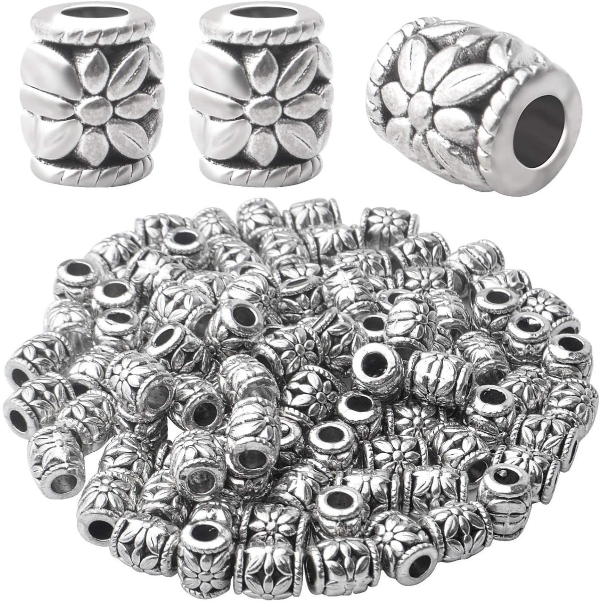 100pcs Antique Silver Bead Spacer Alloy Tube Beads Tibetan Spacers Large Hole Loose Beads Jewelry Spacer Charms for DIY Jewelry Making