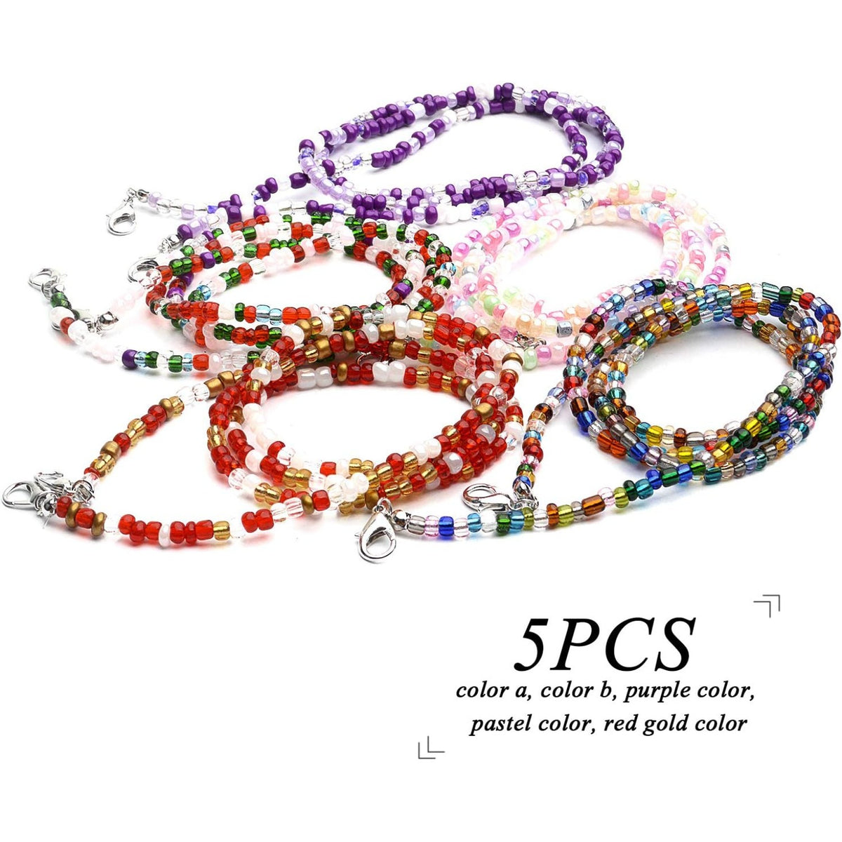 Mask Holder Chain,5pcs 74cm Beaded Glasses Chain Multicolor Face Cover Lanyards Adjustable Mask Necklace Holder with Lobster Clips for Adults Men Women Girls