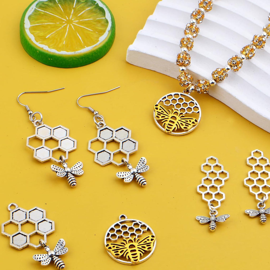 18pcs 3 Styles 3D Honey Comb Bee Charms Antique Silver Alloy Honeybee Honeycomb Pendants Hollow Flying Animal Dangle Charm Embellishments for DIY Bracelet Necklace Jewelry Making