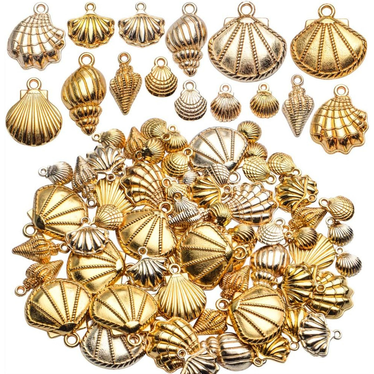 Seashell Charms, 100 Gram Gold Shell Ocean Theme Pendants - Conch, Scallops, Mussel, Marine Life, Sea Animals Dangle Charms for Jewelry Making, Necklace, Bracelet Crafting