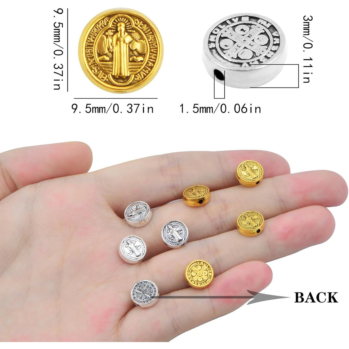 100pcs 9.5 mm Round Double-Sided Jesus Cross Spacer Beads Catholic Saint Benedict Beads Religious Loose Beads for DIY Rosary Bracelet Necklace Jewelry Making, 2 Colors