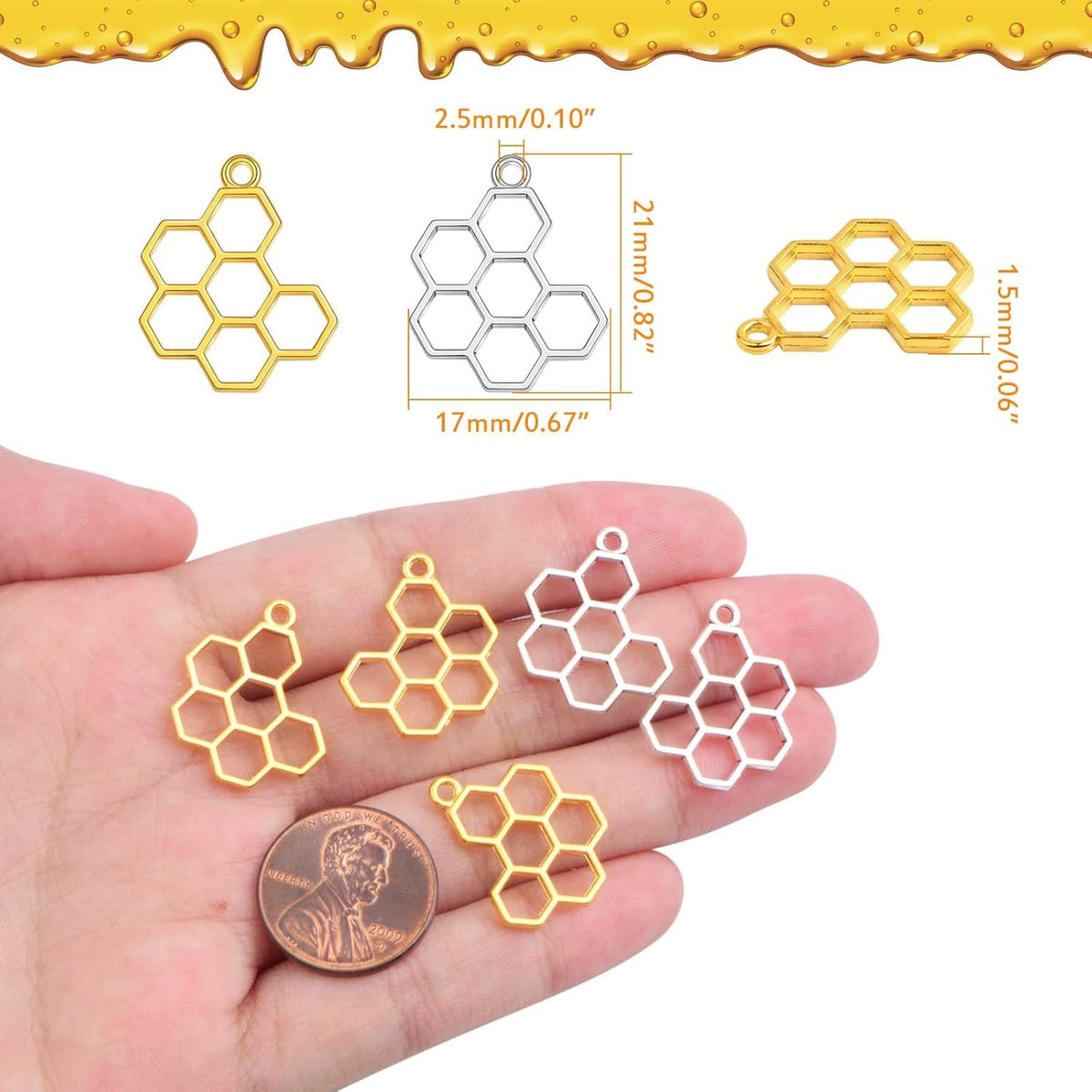 100 Pieces Hollow Frame Honeycomb Charms Alloy Blank Open Back Bezel Pendants Charms for DIY Necklace Bracelet Jewelry Making Resin Crafts, 2 Colors